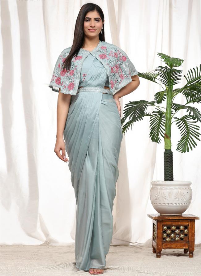 Chiffon Sky Blue Party Wear Embroidery Work Ready To Wear Saree